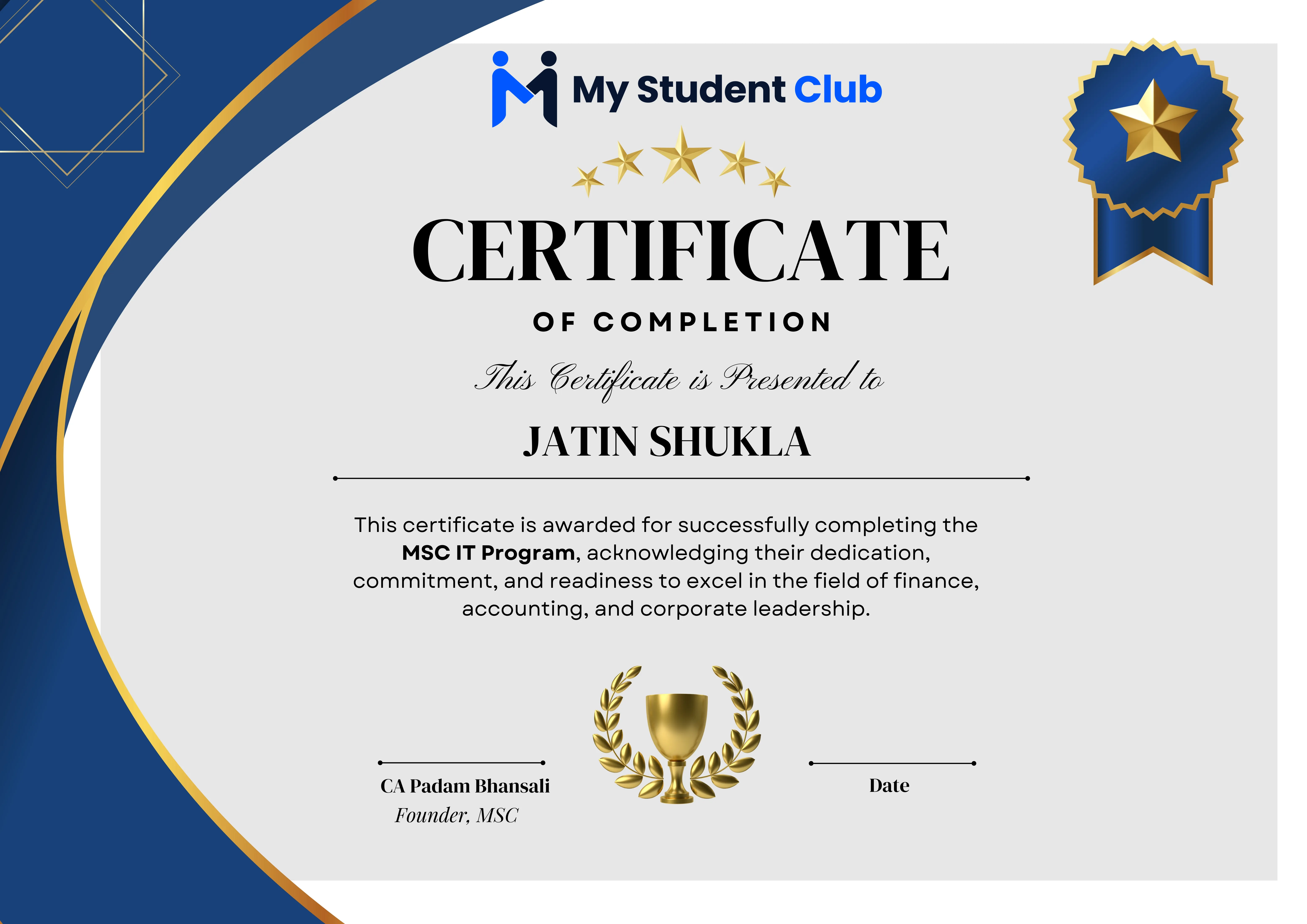 MSC CA Fresher Certificate of Completion