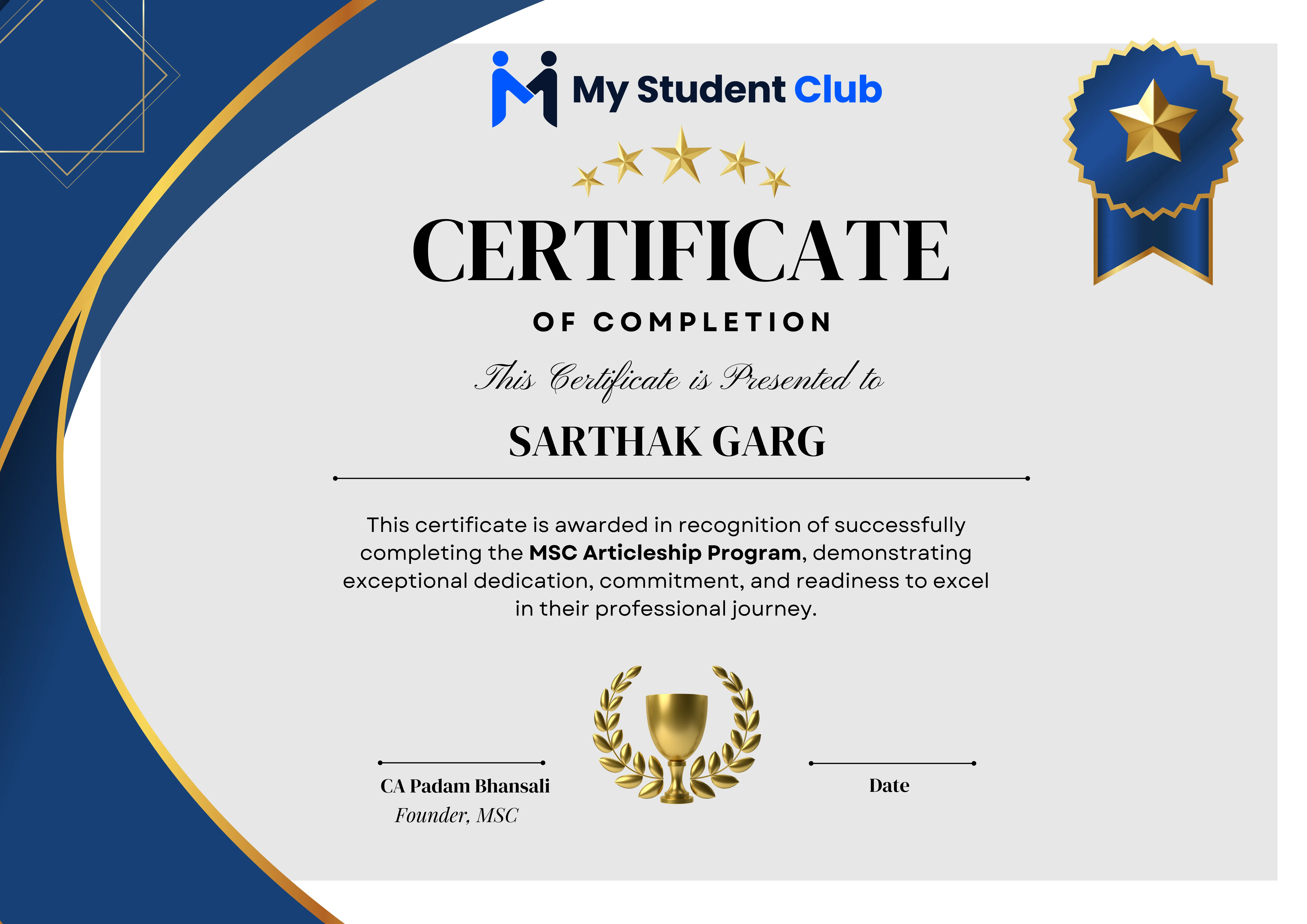 MSC CA Fresher Certificate of Completion