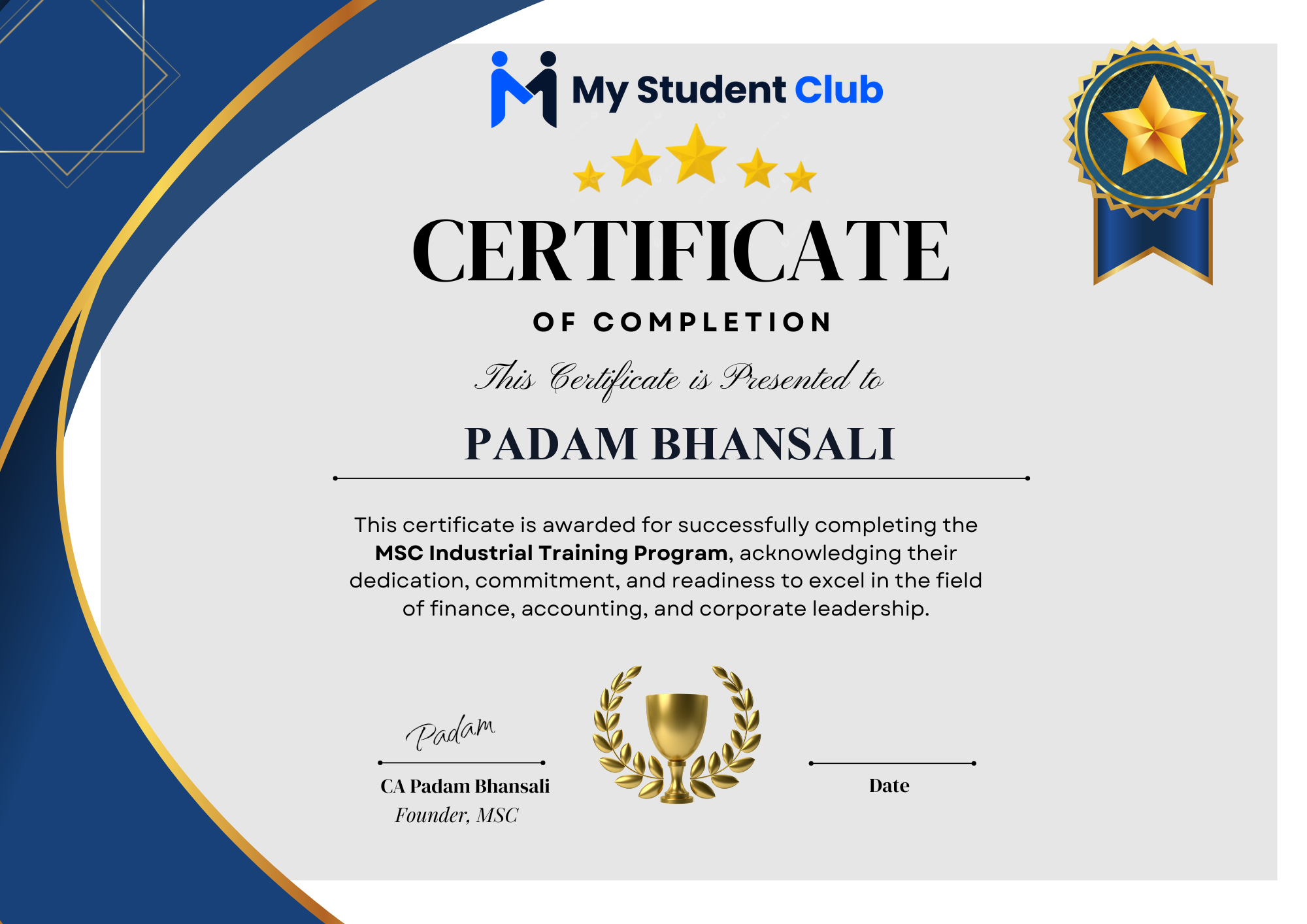 MSC Industrial Training Certificate of Completion